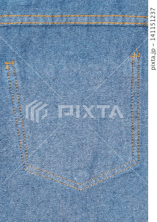Close up of blue denim pocket with orange stitching 141151237