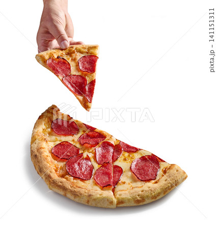 Hand Taking a Slice of Freshly Baked Pepperoni Pizza Isolated on White background Hand Taking a Slice of Freshly Baked Pepperoni Pizza Isolated on White background 141151311