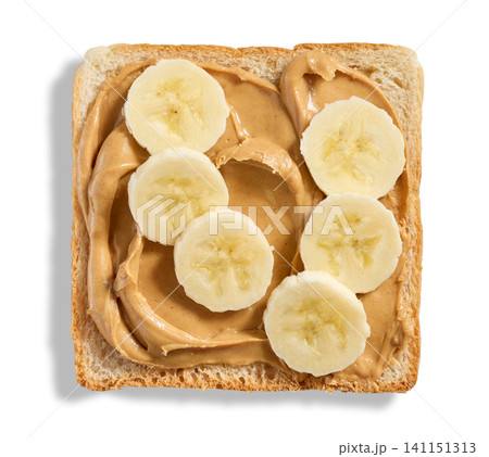 slice of toast, topped with creamy peanut butter and fresh banana slices 141151313