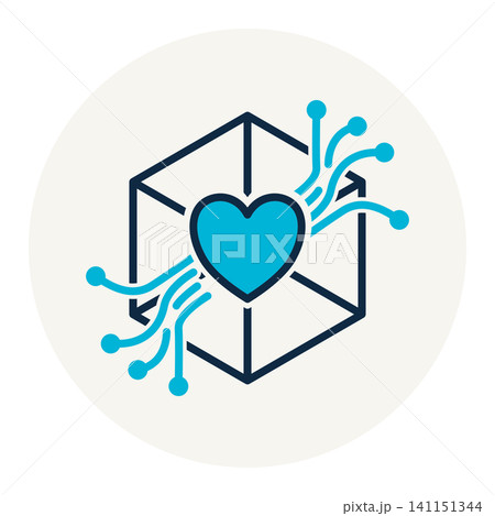 Isometric 3D cube with a heart and circuit nodes symbol of health data center smart cardiology and digital love network. Isometric 3D cube with a heart and circuit nodes symbol of health data center smart cardiology and digital love network. 141151344