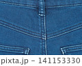Close up of blue denim jeans fabric with seams and belt loop 141153330