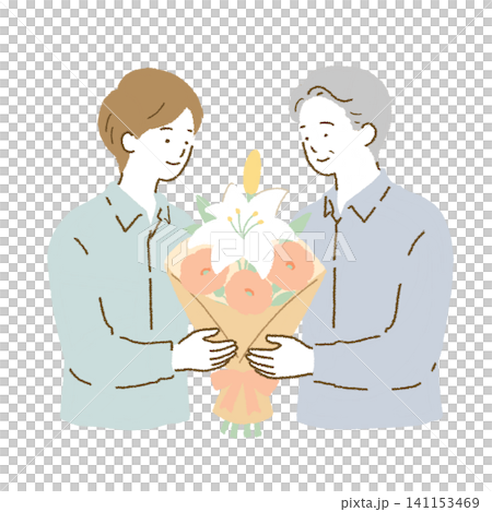 兩名男子獻上一束鮮花:人們慶祝、告別或表達感激之情的插圖。 兩名男子獻上一束鮮花:人們慶祝、告別或表達感激之情的插圖。 141153469