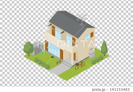 台風対策のための一戸建て住宅のアイソメイラスト_文字無し 台風対策のための一戸建て住宅のアイソメイラスト_文字無し 141153483