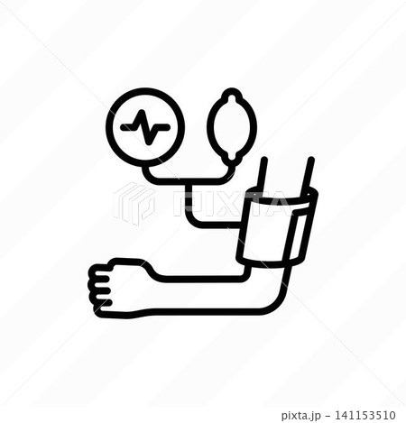 Hypertension: medical exam with sphygmomanometer. Thin line icon. Medical equipment. Vector illustration. Hypertension: medical exam with sphygmomanometer. Thin line icon. Medical equipment. Vector illustration. 141153510