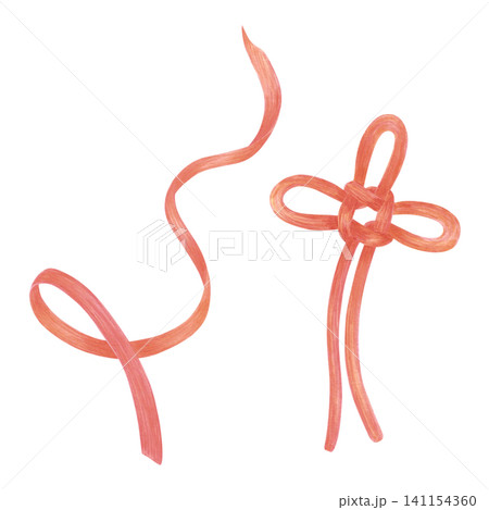 Hand drawn watercolor blue paper Chinese red knot and ribbon. Illustration isolated on white background. Can be used for label, design, scrapbook and other printed products 141154360