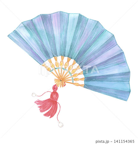 Hand drawn watercolor blue paper Chinese fan with tassel and beads. Illustration isolated on white background. Can be used for label, design, scrapbook and other printed products 141154365