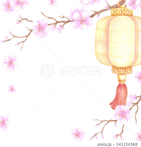 Hand drawn watercolor paper Chinese lantern with pink cherry blossom frame border. Illustration isolated on white background. Can be used for label, design, scrapbook and other printed products Hand drawn watercolor paper Chinese lantern with pink cherry blossom frame border. Illustration isolated on white background. Can be used for label, design, scrapbook and other printed products 141154368