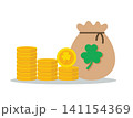 Gold Coins Stack and Money Bag with Shamrock 141154369