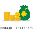 Gold Coins Stack and Money Bag with Shamrock 141154370