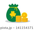 Gold Coins Stack and Money Bag with Shamrock 141154371