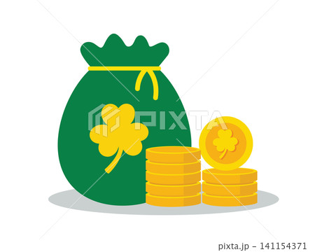 Gold Coins Stack and Money Bag with Shamrock 141154371