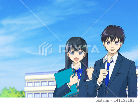 青空の下、校舎を背景にして笑顔でガッツポーズをする高校生または中学生の男女のアニメ風イラスト 141155183
