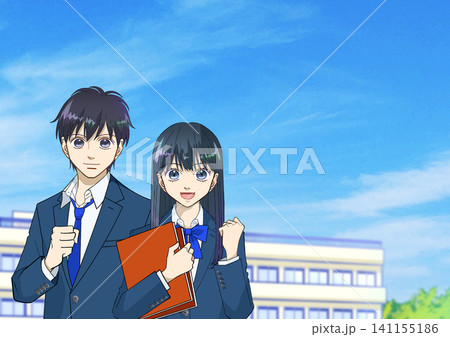 青空の下、校舎を背景にして笑顔でガッツポーズをする高校生または中学生の男女のアニメ風イラスト 青空の下、校舎を背景にして笑顔でガッツポーズをする高校生または中学生の男女のアニメ風イラスト 141155186