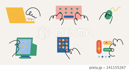 Hand drawn line icon collection featuring modern workplace technology, devices and digital tools illustration. Hand drawn line icon collection featuring modern workplace technology, devices and digital tools illustration. 141155267