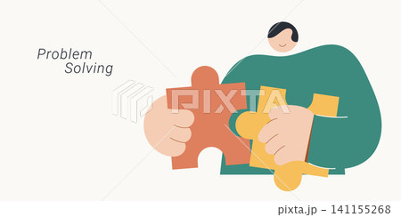 Flat vector illustration of man connecting two puzzle pieces representing problem solving and business solution. Flat vector illustration of man connecting two puzzle pieces representing problem solving and business solution. 141155268