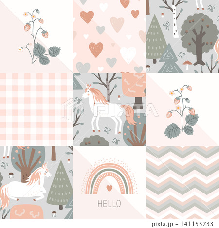 Seamless patchwork pattern with fairy unicorn forest, and kawaii baby pastel drawing. Cute and cozy nursery background. Vector illustration. Seamless patchwork pattern with fairy unicorn forest, and kawaii baby pastel drawing. Cute and cozy nursery background. Vector illustration. 141155733