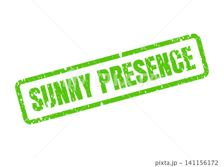 A bright green SUNNY PRESENCE rubber stamp imprint signifies a cheerful and positive ambiance A bright green SUNNY PRESENCE rubber stamp imprint signifies a cheerful and positive ambiance 141156172