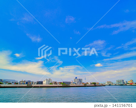 葛飾奥戸に流れる初夏の中川沿いの風景 141156701