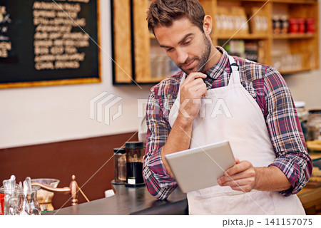 Man, barista and tablet for reading in cafe with ideas, thinking and decision for online menu. Person, waiter and digital touchscreen for solution, problem solving or order on website in coffee shop Man, barista and tablet for reading in cafe with ideas, thinking and decision for online menu. Person, waiter and digital touchscreen for solution, problem solving or order on website in coffee shop 141157075