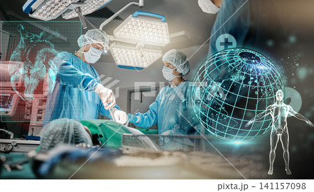 Doctors, hospital and hologram globe with surgery in operating room in scrubs, ppe and help for emergency. Surgeon, group and procedure in icu, 3d overlay and cardiology with heart wellness at clinic Doctors, hospital and hologram globe with surgery in operating room in scrubs, ppe and help for emergency. Surgeon, group and procedure in icu, 3d overlay and cardiology with heart wellness at clinic 141157098