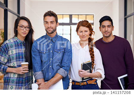 Notebook, portrait or designers in startup for teamwork or collaboration with coffee in creative company. Group, proud colleagues or serious people ready for business or diversity on project for job 141157208