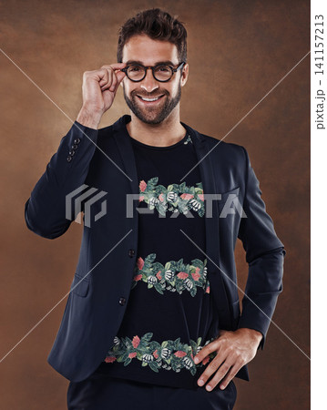 Fashion, eyewear and portrait of male person, studio and clothing isolated on background. Confident, pose and glasses for happy man model, contemporary and trendy outfit for startup business owner Fashion, eyewear and portrait of male person, studio and clothing isolated on background. Confident, pose and glasses for happy man model, contemporary and trendy outfit for startup business owner 141157213