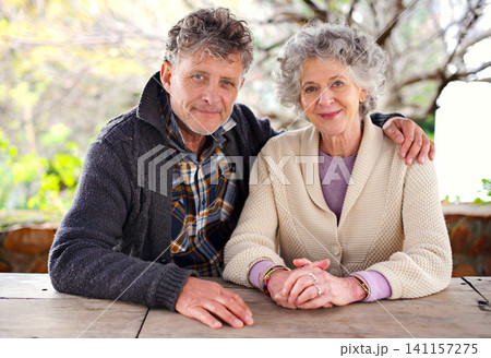 Happy, portrait and senior couple with support outdoor on holiday or relax on vacation in retirement. Elderly, man and woman in embrace in backyard or garden of home with care and love in marriage Happy, portrait and senior couple with support outdoor on holiday or relax on vacation in retirement. Elderly, man and woman in embrace in backyard or garden of home with care and love in marriage 141157275