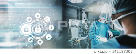 Overlay, hospital and medical insurance for surgery with people in emergency room for futuristic service. Holographic display, icon and sign for policy, wellness and digital transformation in clinic Overlay, hospital and medical insurance for surgery with people in emergency room for futuristic service. Holographic display, icon and sign for policy, wellness and digital transformation in clinic 141157305