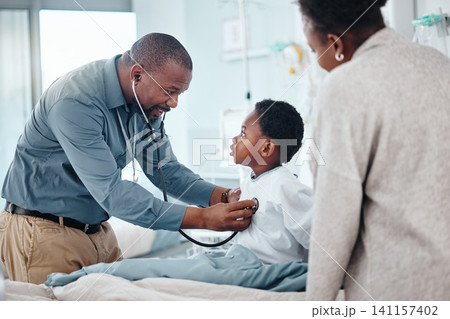 Pediatrician, child and mother for hospital consultation with stethoscope for cardiology diagnosis, development or checkup. Medical doctor, parent and patient for health advice, examine or wellness 141157402