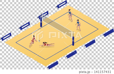 4 female athletes playing beach volleyball 141157431
