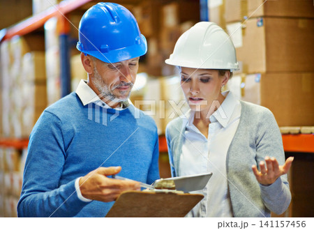 Team, logistics with tablet and clipboard, mistake or fail with supply chain crisis, comparison and inventory management. Distribution disaster, people confused with online checklist and document 141157456