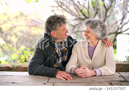 Happy, outdoor and senior couple with support and love on holiday or relax on vacation in retirement. Elderly, man and woman embrace in backyard, garden of home and talking with care in marriage Happy, outdoor and senior couple with support and love on holiday or relax on vacation in retirement. Elderly, man and woman embrace in backyard, garden of home and talking with care in marriage 141157507