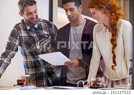 Group, business people and ideas with documents, meeting and planning for layout, designer or collaboration for a project. Cooperation, creative or paperwork with creativity and editor for a magazine Group, business people and ideas with documents, meeting and planning for layout, designer or collaboration for a project. Cooperation, creative or paperwork with creativity and editor for a magazine 141157523