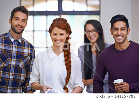 Happy, portrait or designers in startup for teamwork or collaboration with coffee in creative company. Group, proud colleagues or confident people ready for business or diversity on project for job Happy, portrait or designers in startup for teamwork or collaboration with coffee in creative company. Group, proud colleagues or confident people ready for business or diversity on project for job 141157708