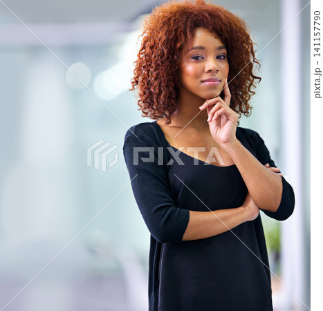 Portrait, thinking and business woman in office at startup company for career and bokeh in South Africa. Face, confidence and idea of creative professional, employee and designer with mockup space Portrait, thinking and business woman in office at startup company for career and bokeh in South Africa. Face, confidence and idea of creative professional, employee and designer with mockup space 141157790