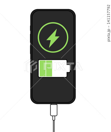 充電中のスマートフォンとバッテリー残量を示すアイコンイラスト素材 141157792