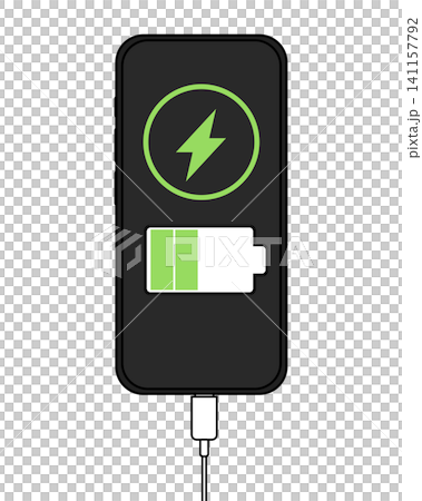 充電中のスマートフォンとバッテリー残量を示すアイコンイラスト素材 141157792