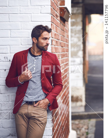 Fashion, thinking and man in city for travel on vacation, adventure or holiday with confidence. Pride, stylish and person with trendy, cool and casual outfit with ideas in urban town for weekend trip Fashion, thinking and man in city for travel on vacation, adventure or holiday with confidence. Pride, stylish and person with trendy, cool and casual outfit with ideas in urban town for weekend trip 141157796