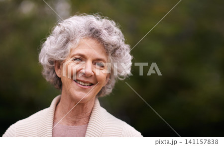 Senior woman, mockup or portrait with happiness in backyard, garden or patio with copy space and smile. Elderly female person, mature lady or pensioner happy for retirement at home, outdoor or nature Senior woman, mockup or portrait with happiness in backyard, garden or patio with copy space and smile. Elderly female person, mature lady or pensioner happy for retirement at home, outdoor or nature 141157838
