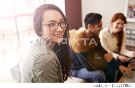 Happy, business people and portrait of woman in meeting, discussion and conversation for ideas. Teamwork, creative agency and men and women in cafe for brainstorming, planning and collaboration Happy, business people and portrait of woman in meeting, discussion and conversation for ideas. Teamwork, creative agency and men and women in cafe for brainstorming, planning and collaboration 141157866