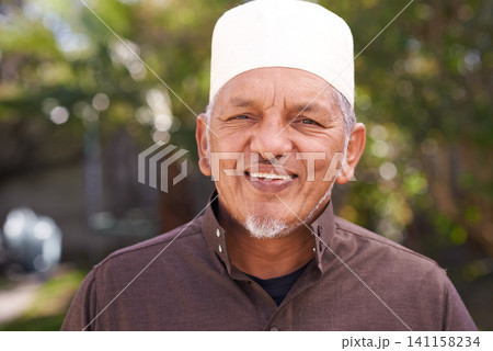 Happy, muslim and portrait of man outdoor with a smile in garden or relax on holiday in retirement. Arab, mature person and travel on vacation in summer to park or enjoy nature and trees in backyard Happy, muslim and portrait of man outdoor with a smile in garden or relax on holiday in retirement. Arab, mature person and travel on vacation in summer to park or enjoy nature and trees in backyard 141158234