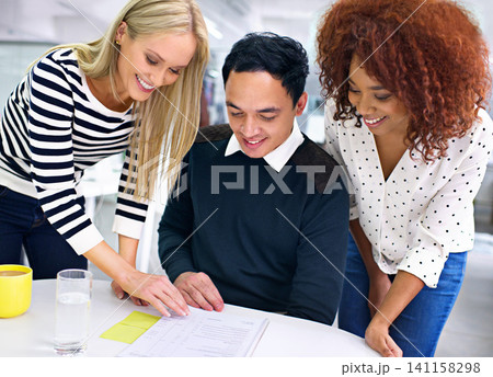 Business people, teamwork and documents with planning, brainstorming and funding report with startup. Review, man and women with professional and cooperation with paperwork, conversation and feedback 141158298