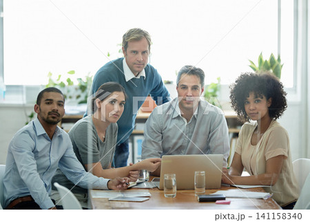 Team, laptop and portrait of business people in office for planning, collaboration and strategy. Meeting, professional and diverse group of employees by technology for discussion, research or idea Team, laptop and portrait of business people in office for planning, collaboration and strategy. Meeting, professional and diverse group of employees by technology for discussion, research or idea 141158340