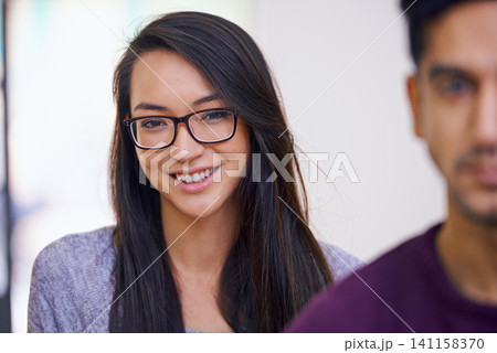 Creative, portrait and woman with smile in office, friends and interior design for career or job. Colleagues, girl and male person with happiness for startup of business, teamwork and partnership Creative, portrait and woman with smile in office, friends and interior design for career or job. Colleagues, girl and male person with happiness for startup of business, teamwork and partnership 141158370