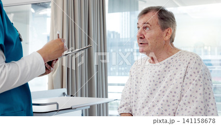 Doctor, senior man and writing prescription, diagnosis or results of patient in consultation at hospital. Nurse or medical professional taking notes and listening to elderly client for healthcare Doctor, senior man and writing prescription, diagnosis or results of patient in consultation at hospital. Nurse or medical professional taking notes and listening to elderly client for healthcare 141158678