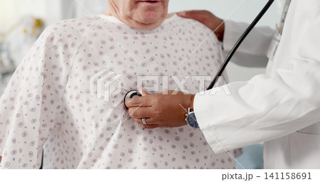 Senior man, doctor and hands listening to heart beat, rate or breathing in cardiology with patient at hospital. Closeup of medical professional or surgeon checking respiratory on client for checkup Senior man, doctor and hands listening to heart beat, rate or breathing in cardiology with patient at hospital. Closeup of medical professional or surgeon checking respiratory on client for checkup 141158691