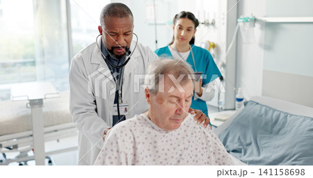 Senior patient, doctor and hospital with breathing check and stethoscope for heart exam in a clinic. Elderly care, wellness and medical help of African male professional with healthcare and listening Senior patient, doctor and hospital with breathing check and stethoscope for heart exam in a clinic. Elderly care, wellness and medical help of African male professional with healthcare and listening 141158698