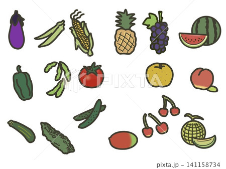 カラフルな夏野菜と夏のフルーツ　かわいい手描きアイコンイラストセット 141158734