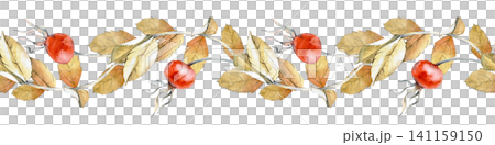 Horizontal seamless border with hand-drawn watercolor rosehip branch elements with ripe red berries and autumn leaves on a white background. Botanical ribbon design for festive invitations, autumn Horizontal seamless border with hand-drawn watercolor rosehip branch elements with ripe red berries and autumn leaves on a white background. Botanical ribbon design for festive invitations, autumn 141159150