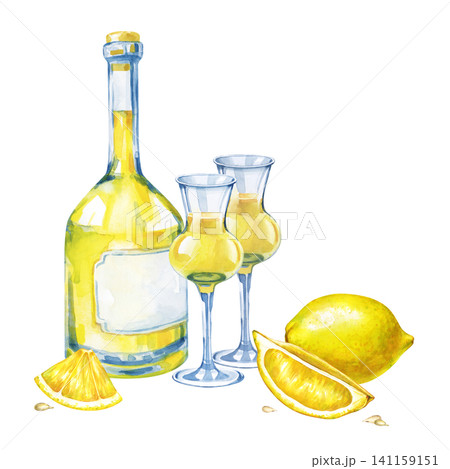 Watercolor limoncello bottle with glasses on an isolated background. Isolated hand-drawn lemon liqueur alcohol drink and lemons illustration. For bar menus, restaurant cards, and summer drink designs. Watercolor limoncello bottle with glasses on an isolated background. Isolated hand-drawn lemon liqueur alcohol drink and lemons illustration. For bar menus, restaurant cards, and summer drink designs. 141159151